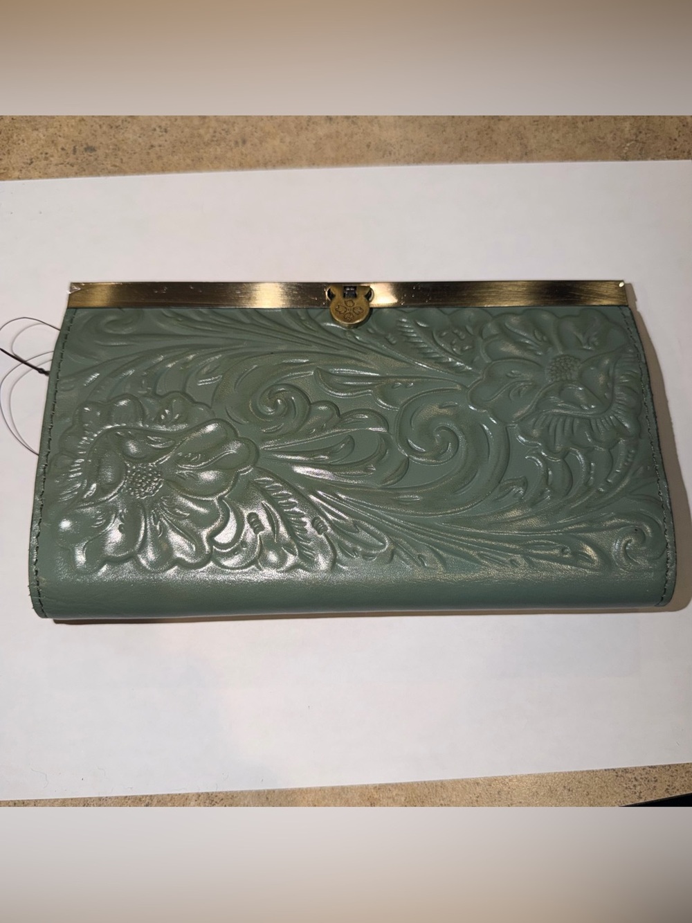 Patricia Nash Mint Green Floral Embossed Clutch with Gold Trim